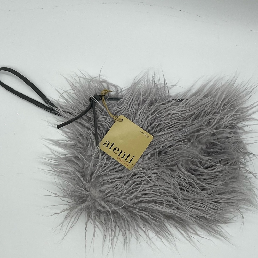 Atenti Pearl Llama Faux Fur Wristlet Pouch Grey Clutch Purse Handmade USA